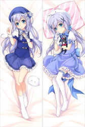 Rule 34 | 1girl, :3, animal hood, anko (gochiusa), anko (gochuumon wa usagi desuka?), bakugadou, bed sheet, beret, blue bow, blue bowtie, blue hair, blush, bow, bowtie, breasts, bridal garter, closed mouth, dakimakura (medium), dress, eyebrows, flat chest, flower, frilled dress, frills, full body, gloves, gochuumon wa usagi desu ka?, hair flower, hair ornament, hand on own chest, hand to own mouth, hand up, hat, hat bow, holding, holding stuffed toy, hood, kafuu chino, long hair, looking at viewer, low twintails, lying, magical girl, multiple views, no shoes, on back, parted lips, pillow, pink bow, puffy short sleeves, puffy sleeves, rabbit, shirt, short sleeves, socks, striped bow, striped bowtie, striped clothes, striped neckwear, striped pillow, stuffed animal, stuffed toy, thighhighs, tippy (gochiusa), tippy (gochuumon wa usagi desuka?), twintails, white gloves, white thighhighs, wrist cuffs, x hair ornament