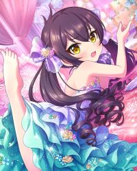 Rule 34 | 1girl, annindoufu (oicon), armpits, back, backless dress, backless outfit, bare back, bare shoulders, barefoot, bed, bed sheet, bedroom, black hair, blush, bow, cake, child, cream, curtains, dress, drill hair, embarrassed, feet, feet up, female focus, fingernails, flat chest, flower, flower dress, flower ornament, food, frilled dress, frills, from behind, gloves, gradient clothes, gradient dress, hair between eyes, hair bow, hair ornament, hair ribbon, highres, idolmaster, idolmaster cinderella girls, indoors, leg up, legs, long fingernails, long hair, long image, long twintails, looking at viewer, matoba risa, multicolored clothes, multicolored dress, nail polish, namco, neck, no bra, official art, open mouth, orange eyes, pillow, pink curtains, pink nails, pink toenails, purple bow, purple gloves, purple ribbon, ribbon, sharp fingernails, single glove, sleeveless, sleeveless dress, sparkle, standing, standing on one leg, tall image, thighs, toenail polish, toenails, toes, twintails, very long hair