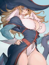 1girl anchor big_hair blonde_hair blue_eyes book breasts capcom cleavage eyepatch frilled_shirt_collar frills fumio_(rsqkr) hat hat_over_eyes highres holding holding_anchor holding_book large_breasts leotard long_hair long_sleeves marvel_vs._capcom marvel_vs._capcom_2 one_eye_covered pirate pirate_hat ruby_heart solo sombrero tricorne upper_body