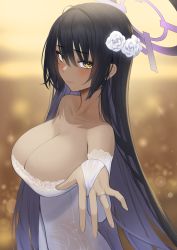 Rule 34 | 1girl, absurdres, bare shoulders, black hair, blue archive, blush, breasts, bridal gauntlets, brown background, cleavage, closed mouth, commentary, dark-skinned female, dark skin, dress, english commentary, flower, from side, hair between eyes, hair flower, hair ornament, halo, highres, jewelry, karin (blue archive), large breasts, long hair, looking at viewer, looking to the side, lordol, ring, rose, smile, solo, strapless, strapless dress, upper body, very long hair, wedding band, wedding dress, white dress, white flower, white rose, yellow eyes