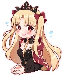 Rule 34 | 1girl, averting eyes, bare shoulders, black dress, blonde hair, blush, bow, cape, chibi, detached collar, dress, earrings, embarrassed, ereshkigal (fate), fate/grand order, fate (series), flying sweatdrops, hair bow, jewelry, long hair, looking at viewer, nervous, rabiiandrain, red bow, red cape, red eyes, simple background, solo, steepled fingers, strapless, strapless dress, sweatdrop, tiara, two side up, very long hair, white background