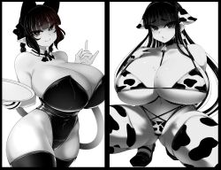 Rule 34 | 2girls, animal ears, animal print, bell, bikini, blunt bangs, breasts, cat ears, cat girl, cat tail, cleavage, closed mouth, commentary request, covered navel, cow ears, cow print, cow print bikini, cowboy shot, detached collar, elbow gloves, extra ears, gloves, greyscale, haseru (ginku mh), heart, heart-shaped pupils, huge breasts, kaenbyou rin, long hair, looking at viewer, mole, mole on breast, mole on thigh, mole under mouth, monochrome, multiple girls, neck bell, nekomata, original, print bikini, simple background, smile, squatting, swimsuit, symbol-shaped pupils, tail, thighhighs, touhou