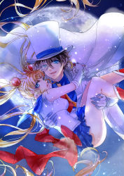 Rule 34 | 1boy, 1girl, absurdres, bishoujo senshi sailor moon, blonde hair, blue eyes, blue sailor collar, brown hair, cape, carrying, crossover, double bun, earrings, elbow gloves, formal, gloves, hat, highres, jewelry, kaitou kid, kuroba kaito, long hair, meitantei conan, miniskirt, monocle, moon, open mouth, pleated skirt, princess carry, ribbon, sailor collar, sailor moon, skirt, sparkle, suit, top hat, tsukino usagi, tsuna2727, twintails, very long hair, wand, white gloves, white suit