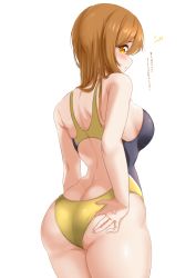 Rule 34 | 1girl, ass, back, blush, breasts, brown hair, butt crack, closed mouth, commentary request, competition swimsuit, highres, kibihimi, kunikida hanamaru, large breasts, long hair, looking at viewer, looking back, love live!, love live! sunshine!!, one-piece swimsuit, orange eyes, simple background, skindentation, solo, squiggle, swimsuit, translation request, white background