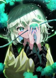 Rule 34 | 1girl, ahoge, black background, bright pupils, closed mouth, commentary request, covering one eye, flower, frilled shirt collar, frilled sleeves, frills, green eyes, green flower, green hair, green rose, hands up, highres, holding eyeball, koishi day, komeiji koishi, long sleeves, looking at viewer, medium hair, no headwear, one eye closed, one eye covered, rose, shinonome (ichigotsuki), shirt, simple background, smile, solo, split mouth, straight-on, third eye, touhou, upper body, white pupils, wide sleeves, yellow shirt