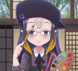 Rule 34 | 2girls, alternate costume, animal ears, beret, blue eyes, blue hair, blunt bangs, blush stickers, cat ears, closed eyes, colonel aki, commentary, forehead, gawr gura, gawr gura (casual), glasses, hat, holding, holding paintbrush, hololive, hololive english, long hair, long sleeves, multiple girls, neck ribbon, ninomae ina&#039;nis, ninomae ina&#039;nis (casual), open mouth, paintbrush, painting (action), palette (object), pointy ears, purple hair, ribbon, shirt, short sleeves, sidelocks, smile, solo, striped clothes, striped shirt, tentacle hair, virtual youtuber, window