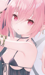 Rule 34 | 1girl, armpits, arms up, babydoll, bare shoulders, breasts, choker, close-up, earrings, front-tie top, hair between eyes, jewelry, kanora, lingerie, long hair, looking at viewer, medium breasts, original, parted lips, pink hair, plant, pointy ears, red eyes, sidelocks, small breasts, solo, spaghetti strap, strap gap, underwear, upper body, vines