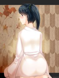Rule 34 | 10s, 1girl, ass, bad id, bad pixiv id, black hair, blush, eko, from behind, houshou (kancolle), japanese clothes, kantai collection, letterboxed, looking at viewer, looking back, looking to the side, ponytail, profile, seiza, sitting, solo, yagasuri