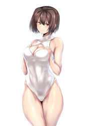 Rule 34 | 10s, 1girl, blush, breasts, brown eyes, brown hair, cleavage, cleavage cutout, clothing cutout, competition swimsuit, female focus, front zipper swimsuit, hyuuga (kancolle), kantai collection, large breasts, meme attire, one-piece swimsuit, short hair, smile, solo, sweatdrop, swimsuit, ulrich (tagaragakuin)