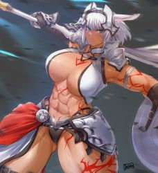 Rule 34 | 1girl, abs, animal ears, armor, batako (batakoart), blue eyes, body markings, breasts, caenis (fate), dark-skinned female, dark skin, fate/grand order, fate (series), hairband, highres, large breasts, long hair, muscular, muscular female, panties, revealing clothes, shield, solo, thick thighs, thighs, underwear, white hair