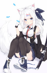 Rule 34 | 1girl, animal, animal ear fluff, animal ears, bare shoulders, black jacket, black ribbon, black sleeves, black thighhighs, blue eyes, blue footwear, blue skirt, blush, boots, breasts, bug, butterfly, clothes between thighs, collared shirt, commentary request, convenient leg, cross-laced footwear, detached sleeves, fang, fox ears, fox girl, fox tail, fur-trimmed sleeves, fur trim, gloves, hair bun, hair ornament, hair ribbon, hairclip, hand up, highres, insect, jacket, katana, konagi (konotuki), lace-up boots, long hair, long sleeves, looking at viewer, medium breasts, one side up, original, parted lips, pleated skirt, red neckwear, ribbon, shirt, shoe soles, side bun, single hair bun, single side bun, skirt, sleeveless, sleeveless jacket, sleeveless shirt, solo, sword, tail, thighhighs, thighhighs under boots, very long hair, weapon, white background, white gloves, white hair, white shirt, wide sleeves
