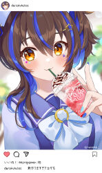 Rule 34 | 1girl, animal ears, black hair, blue bow, blue hair, blue nails, blue shirt, blush, bow, character name, closed mouth, cup, daitaku helios (umamusume), disposable cup, drinking straw, hair between eyes, hair ornament, hairclip, heart, highres, holding, holding cup, horse ears, instagram, looking at viewer, masshirokachi, multicolored hair, multicolored nails, nail polish, one side up, orange eyes, paper airplane, revision, school uniform, shirt, smile, solo, speech bubble, star (symbol), star hair ornament, streaked hair, tracen school uniform, translation request, twitter username, umamusume, upper body