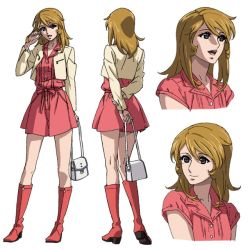 Rule 34 | 10s, 1girl, blonde hair, boots, breasts, casual, character sheet, female focus, full body, large breasts, long hair, looking at viewer, mori yuki, multiple views, official art, simple background, smile, standing, uchuu senkan yamato, uchuu senkan yamato 2199