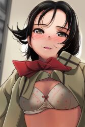 Rule 34 | 1girl, absurdres, black hair, blurry, blurry background, blush, bow, bow bra, bra, breasts, brown eyes, brown shirt, collared shirt, depth of field, forehead, highres, looking at viewer, matsunaga kouyou, nose blush, original, parted lips, shirt, small breasts, smile, solo, underwear, upper body, white bra