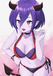 Rule 34 | 1girl, bangle, bare arms, bare shoulders, bikini, black choker, blush, bracelet, breasts, choker, cleavage, collarbone, colored skin, commentary request, curled horns, demon girl, demon horns, demon tail, hair between eyes, hand on own hip, hand up, healin&#039; good precure, highres, horns, jewelry, leaning forward, medium breasts, navel, parted lips, pointy ears, precure, purple bikini, purple eyes, purple hair, purple lips, purple skin, red bikini, shindoine, side-tie bikini bottom, solo, swimsuit, tail, tsunaso (lack of sunlight)
