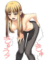 Rule 34 | 1girl, bent over, blonde hair, blush, breasts, brown eyes, cleavage, female focus, large breasts, pain, pantyhose, solo, tanaka shoutarou, topless, white background