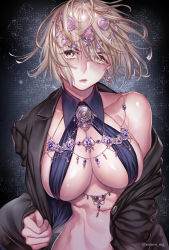 Rule 34 | 1girl, bad id, bad pixiv id, bare shoulders, blonde hair, breasts, circlet, cleavage, earrings, fate/grand order, fate (series), jacket, jeanne d&#039;arc (fate), jeanne d&#039;arc alter (avenger) (fate), jeanne d&#039;arc alter (fate), jewelry, looking at viewer, navel, necklace, revealing clothes, rororogi mogera, short hair, solo, yellow eyes