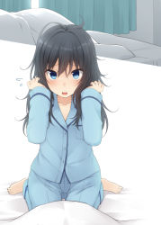 Rule 34 | 1girl, asashio (kancolle), barefoot, black hair, blanket, blue eyes, collarbone, d:, flying sweatdrops, hands up, highres, indoors, kantai collection, long hair, looking at viewer, messy hair, nagami yuu, non-web source, open mouth, sidelocks, sitting, solo, teeth, wariza