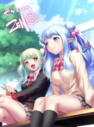 Rule 34 | 2girls, :d, arm at side, black jacket, black socks, blue eyes, blue hair, blunt bangs, blurry, blurry background, bow, breasts, closed mouth, commentary request, commission, cosplay, crossed legs, day, double bun, eyelashes, feet out of frame, green hair, hair bun, hair ribbon, hand up, harriet (pso2), jacket, kneehighs, large breasts, leaning forward, legs together, light blue hair, lips, long hair, long sleeves, looking at another, multiple girls, on bench, open mouth, outdoors, phantasy star, phantasy star online 2, pink bow, pink ribbon, red eyes, ribbon, school uniform, shiny skin, shiva (pso2), sidelocks, sitting, skeb commission, smile, socks, sunlight, sweater, tree, two side up, very long hair, yellow sweater, zen (kamuro)