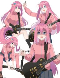 Rule 34 | 1girl, :d, absurdres, arm up, black skirt, black socks, blue eyes, bocchi the rock!, brown footwear, commentary, cube hair ornament, electric guitar, gar32, gotoh hitori, grey background, guitar, hair between eyes, hair ornament, highres, holding, holding instrument, instrument, jacket, loafers, long sleeves, multiple views, one side up, open mouth, pants, pants under skirt, pink hair, pink jacket, pink pants, pleated skirt, plectrum, shaded face, shoes, simple background, skirt, smile, socks, tears, track jacket, track pants, track suit, v-shaped eyebrows, wavy mouth