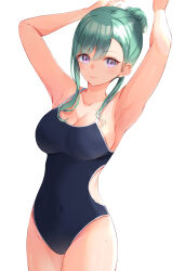 Rule 34 | 1girl, absurdres, armpits, arms behind head, blue one-piece swimsuit, breasts, collarbone, covered navel, cowboy shot, green hair, hair behind ear, hair bun, highres, kuwakuma, large breasts, long hair, looking at viewer, mole, mole on breast, mole on thigh, one-piece swimsuit, sidelocks, simple background, smile, solo, swept bangs, swimsuit, virtual youtuber, vspo!, white background, yakumo beni