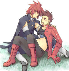 Rule 34 | 00s, 2boys, age difference, akagi haruna, blush, brown eyes, brown hair, father and son, incest, kratos aurion, lloyd irving, multiple boys, red eyes, red hair, sexually suggestive, short hair, spiked hair, tales of (series), tales of symphonia, yaoi