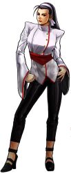 1girl black_hair breasts brown_eyes buttons curvy dress earrings female_focus headband heel_up huge_breasts jewelry kagura_chizuru large_breasts long_hair long_sleeves looking_at_viewer pale_skin pants standing the_king_of_fighters topdog4815