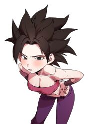 Rule 34 | 1girl, black eyes, black hair, blush, breasts, caulifla, cleavage, collarbone, dragon ball, dragon ball super, hands on own hips, highres, leaning forward, lowleg, lowleg pants, medium breasts, open mouth, pants, purple pants, simple background, solo, spiked hair, strapless, toned, toned female, tube top, white background, zequung
