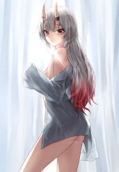 Rule 34 | 1girl, absurdres, ass, backlighting, bare shoulders, blush, breasts, convenient arm, convenient censoring, cowboy shot, curtains, day, dress shirt, from side, gradient hair, grey shirt, highres, hololive, horns, indoors, long hair, long sleeves, looking at viewer, looking to the side, multicolored hair, naked shirt, nakiri ayame, no bra, no panties, off shoulder, open clothes, open shirt, parted lips, red eyes, red hair, shirt, sideboob, silver hair, skin-covered horns, sleeves past fingers, sleeves past wrists, small breasts, smile, solo, streaked hair, sunlight, toi1et paper, unbuttoned, unbuttoned shirt, virtual youtuber