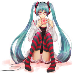 Rule 34 | 1girl, aqua hair, bad id, bad pixiv id, cup, glasses, hatsune miku, headphones, kocchi muite baby (vocaloid), long hair, mug, project diva, project diva (series), project diva 2nd, red eyes, red thighhighs, saryou, sitting, skirt, solo, striped clothes, striped thighhighs, thighhighs, twintails, very long hair, vocaloid