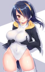 Rule 34 | 10s, 1girl, black hair, blush, breasts, brown eyes, covered navel, cowboy shot, emperor penguin (kemono friends), hair over one eye, hand on own chest, headphones, highleg, highleg leotard, hood, hoodie, jacket, kemono friends, large breasts, leotard, long hair, looking at viewer, mitsuba choco, multicolored hair, navel, open clothes, solo, thighhighs, white leotard, white thighhighs