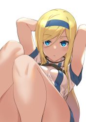 Rule 34 | 1girl, arms behind head, ashiomi masato, blonde hair, blush, breasts, commentary request, guilty gear, hairband, looking at viewer, millia rage, simple background, solo, thighs, white background