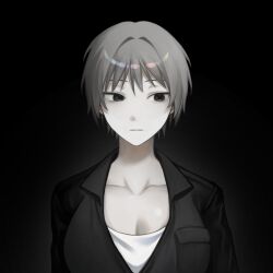 Rule 34 | 1girl, :|, black background, black jacket, breast pocket, breasts, chinese commentary, cleavage, closed mouth, collarbone, commentary request, grey hair, highres, jacket, kyoko (akakikyoko), looking to the side, original, pocket, portrait, shirt, short hair, sideways glance, simple background, solo, white shirt