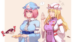 Rule 34 | +++, 2girls, :d, :t, ?, ^ ^, afterimage, arm behind back, arm strap, arrow (symbol), artistic error, bad id, bad pixiv id, blue dress, blue hat, bow, breasts, center frills, closed eyes, closed mouth, dress, food theft, frilled shirt collar, frilled sleeves, frills, gap (touhou), hat, highres, holding, holding plate, large breasts, long sleeves, mob cap, motion lines, multiple girls, obi, open mouth, pink eyes, pink hair, plate, red bow, repoi, ribbon-trimmed collar, ribbon trim, saigyouji yuyuko, sash, short hair, simple background, smile, spoken question mark, sweatdrop, tabard, touhou, triangular headpiece, upper body, white dress, white hat, wide sleeves, wrong hand, yakumo yukari, yellow background