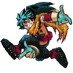Rule 34 | 1boy, aqua hair, belt, belt pouch, black outline, blue eyes, blue hair, bodysuit, boku no hero academia, bright pupils, cape, commentary, curly hair, dirty, dirty clothes, english commentary, finger gun, freckles, full body, gloves, gradient eyes, gradient hair, green bodysuit, green eyes, green gloves, green hair, green mask, grey gloves, grin, hair between eyes, head tilt, highres, horikoshi kouhei (style), knee up, leaning forward, leg up, looking at viewer, looking to the side, male focus, midair, midoriya izuku, multicolored eyes, multicolored hair, official alternate costume, official style, orange bodysuit, outline, outstretched arms, pac-man eyes, parody, pouch, red belt, short hair, simple background, smile, solo, sonchapo, sonic (series), sonic adventure, spoilers, torn cape, torn clothes, turning head, two-tone bodysuit, utility belt, white background, white pupils, yellow cape