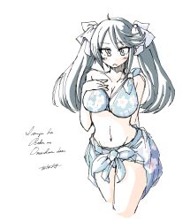 Rule 34 | 1girl, bikini, black hair, blue bikini, blue sarong, breasts, cleavage, commentary request, cowboy shot, cropped legs, floral print, grey eyes, highres, isuzu (kancolle), kantai collection, large breasts, long hair, romaji text, sarong, single-shoulder bikini, solo, standing, swimsuit, tatahai, translation request, twintails