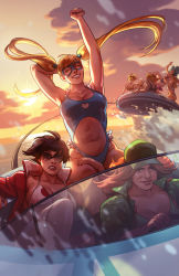 Rule 34 | 6+girls, abs, adapted costume, arms up, baseball cap, bikini, black hair, blue one-piece swimsuit, boat, breasts, brown hair, cable, cleavage, clothing cutout, commentary, driving, english commentary, extra, harmageddon yoko, hat, highres, large breasts, lips, lipstick, long hair, makeup, multiple girls, ocean, official art, on water, one-piece swimsuit, rainbow mika, rennerei, sea spray, short hair, stomach cutout, street fighter, street fighter v, sunglasses, sunset, swimsuit, tinted eyewear, twintails, watercraft, white bikini, yamato nadeshiko (street fighter)