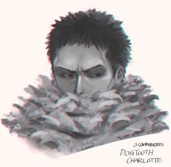 Rule 34 | 1boy, character name, charlotte katakuri, chromatic aberration, covered mouth, english text, forehead, fur collar, half-closed eyes, looking to the side, male focus, monochrome, one piece, pink background, portrait, realistic, sasamiman, scar, scar on face, short hair, simple background, sketch, solo, v-shaped eyebrows