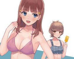 Rule 34 | 2girls, :d, bikini, blue background, blue eyes, blunt bangs, breasts, brown eyes, brown hair, character request, cleavage, closed mouth, collarbone, flat chest, food, frilled bikini, frills, hair ornament, hairclip, halterneck, highres, holding, holding food, honi hogya, long hair, looking at viewer, medium breasts, multiple girls, open mouth, pink bikini, plaid, plaid bikini, popsicle, short hair, sideboob, smile, swimsuit, two-tone background, upper body, white background, yu-gi-oh!, yu-gi-oh! vrains, yuu-gi-ou, yuu-gi-ou vrains, zaizen aoi