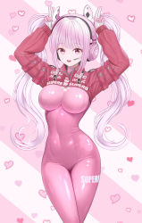 Rule 34 | 1girl, absurdres, alice (nikke), animal ears, arms up, bodysuit, breasts, commentary request, covered navel, fake animal ears, gloves, goddess of victory: nikke, hands up, headphones, headset, heart, heart background, highres, impossible bodysuit, impossible clothes, long hair, long sleeves, medium breasts, open mouth, pink bodysuit, pink eyes, pink hair, resolution mismatch, shiny clothes, shrug (clothing), simple background, skin tight, smile, source smaller, striped, striped background, teeth, tina (tinafya), twintails, upper teeth only, white hair