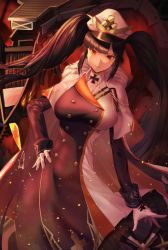 Rule 34 | 1girl, absurdres, azur lane, black coat, black hair, breasts, buttons, cape, capelet, coat, double-breasted, fur-trimmed cape, fur trim, gloves, hat, highres, large breasts, looking at viewer, multicolored coat, myuryuneko, peaked cap, peter strasser (azur lane), red eyes, rigging, solo, twintails, white coat, white gloves, white hat