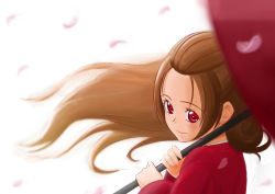 Rule 34 | 1girl, blurry, blurry foreground, blush, brown hair, cherry blossoms, closed mouth, dokidoki! precure, floating hair, from side, fuchi (nightmare), holding, holding umbrella, japanese clothes, kimono, long hair, looking at viewer, madoka aguri, motion blur, precure, red eyes, red kimono, red umbrella, smile, solo, umbrella, upper body, very long hair, white background