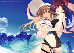 Rule 34 | 2girls, absurdres, ass, backless swimsuit, bikini, black one-piece swimsuit, blue sky, blush, breasts, brown hair, cowboy shot, criss-cross halter, day, dutch angle, from behind, girls&#039; frontline, green eyes, halterneck, hand on headwear, hat, head tilt, highleg, highleg bikini, highres, huge filesize, large breasts, long hair, looking at viewer, looking back, medium breasts, multiple girls, nakamura takeshi, navel, o-ring, o-ring bikini, o-ring top, official alternate costume, one-piece swimsuit, open mouth, outdoors, ponytail, purple eyes, purple hair, sarong, scan, sky, springfield (girls&#039; frontline), springfield (stirring mermaid) (girls&#039; frontline), stitched, sun hat, swimsuit, thigh gap, thigh strap, third-party edit, wa2000 (girls&#039; frontline), wa2000 (op. manta ray) (girls&#039; frontline), white bikini