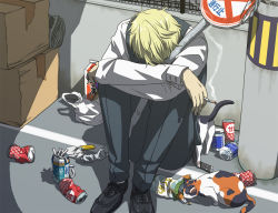 Rule 34 | 1boy, beer can, between fingers, blonde hair, blouse, calico, can, cat, cigarette, crumbs, drink can, durarara!!, eating, from above, head rest, heiwajima shizuo, holding, holding cigarette, male focus, road sign, shirt, shiwasuda, short hair, sign, sitting, smoke, snack, solo, stop sign, waistcoat, white legwear, white shirt