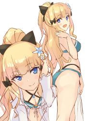 Rule 34 | aqua bikini, ass, back, bare shoulders, bikini, black bikini, black bow, blonde hair, blue eyes, blush, bow, breasts, cleavage, closed mouth, elf, flower, hair bow, hair flower, hair ornament, highres, large breasts, layered bikini, leaning forward, long hair, long sleeves, looking at viewer, multiple views, nishin (nsn 0822), open mouth, pointy ears, ponytail, princess connect!, saren (princess connect!), saren (summer) (princess connect!), sidelocks, simple background, smile, swimsuit, thighs, white background