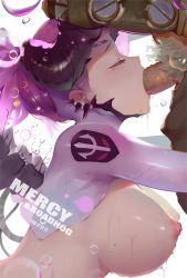 Rule 34 | 1boy, 1girl, alternate color, black hair, blush, breasts, character name, closed eyes, crop top, crying, demon horns, dripping, earrings, emblem, eyelashes, fellatio, from side, hetero, highres, horns, jewelry, large breasts, male pubic hair, mercy (overwatch), mole, mole on breast, multicolored hair, nipples, open clothes, open mouth, oral, overwatch, overwatch 1, penis, ponytail, profile, pubic hair, purple hair, roadhog (overwatch), saliva, shiny skin, simple background, solo focus, spikes, t lege d, tears, tongue, tongue out, two-tone hair, uncensored, upper body, wet, white background, wings