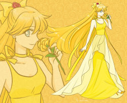 Rule 34 | 1girl, aino minako, bishoujo senshi sailor moon, blonde hair, blue eyes, bow, choker, dress, flower, full body, hair bow, hair flower, hair ornament, lisginka, long hair, looking at viewer, orange background, orange flower, orange footwear, orange rose, orange theme, princess venus, projected inset, red flower, red rose, rose, shoes, signature, smile, solo, standing, yellow bow, yellow dress, zoom layer