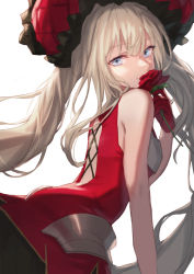 Rule 34 | 1girl, arched back, bare arms, bare shoulders, blue eyes, breasts, closed mouth, commentary request, dress, fate/grand order, fate (series), flower, frilled hat, frills, gloves, grey hair, hair between eyes, hat, holding, holding flower, kazuki seto, leaning forward, long hair, looking at viewer, looking to the side, marie antoinette (fate), red dress, red flower, red gloves, red hat, red rose, rose, simple background, sleeveless, sleeveless dress, small breasts, smile, solo, twintails, very long hair, white background