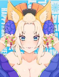 Rule 34 | 1girl, animal ears, bare shoulders, blonde hair, blue eyes, blue flower, blush, breasts, closed mouth, commentary, flower, fox ears, fox girl, hair flower, hair ornament, hands up, highres, japanese clothes, kimono, large breasts, lipstick, looking at viewer, makeup, off shoulder, purple flower, re:zero kara hajimeru isekai seikatsu, ribbon, solo, symbol-only commentary, white hair, yorna mishigure, zerobarto