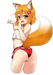 Rule 34 | 1girl, animal ear fluff, animal ears, ass, blonde hair, breasts, chiroshiron, crop top, cropped legs, fang, flower, fox ears, fox tail, from behind, hair between eyes, hair flower, hair ornament, highres, looking at viewer, looking back, medium hair, microskirt, musical note, open mouth, panties, paw pose, red flower, red panties, red skirt, senko (sewayaki kitsune no senko-san), sewayaki kitsune no senko-san, simple background, skirt, small breasts, smile, solo, tail, thong, underwear, white background, yellow eyes